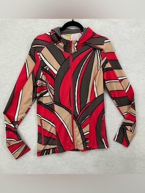Lole Full Zip Hooded Athletic Jacket Red Beige Gray Abstract Print Size Large